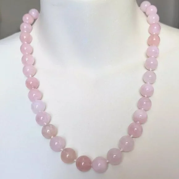 Vintage Sterling Rose Cut Diamond Pendant 11.5MM Pink Quarts Beaded Necklace 25"